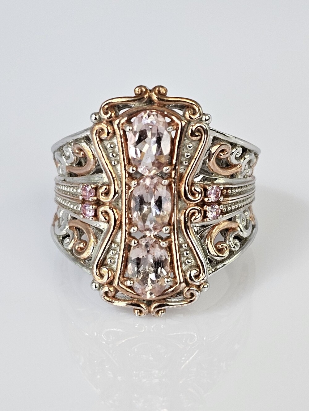 Genuine Morganite & Sapphire Ring 18K Rose Gold Palladium Sterling Silver Sz 7